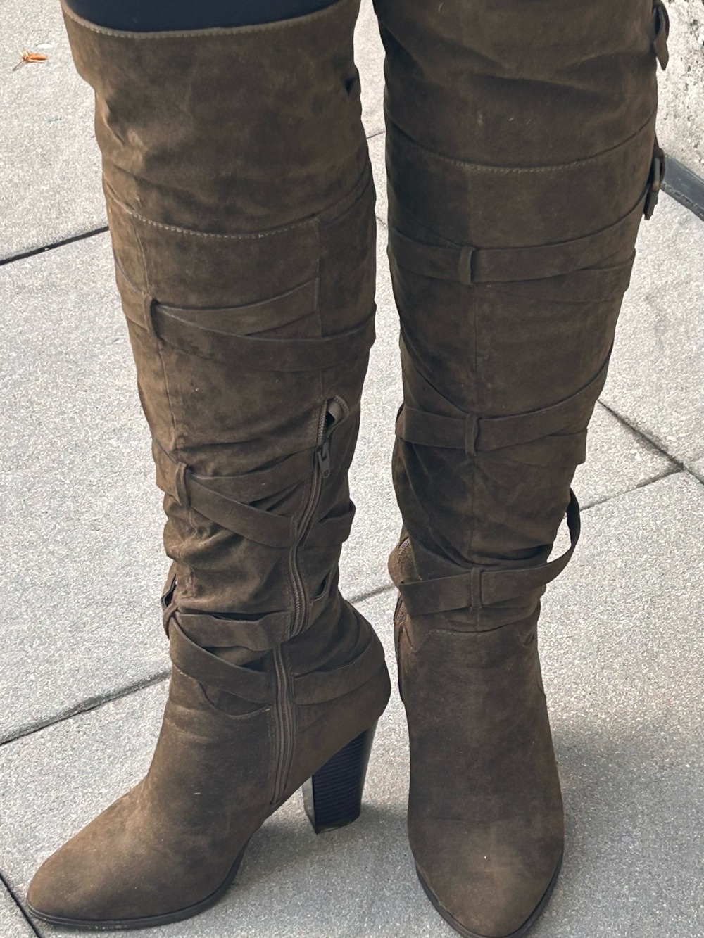 Knee-High Faux Suede Boots – Army Green Buckle Boots with Half Zip